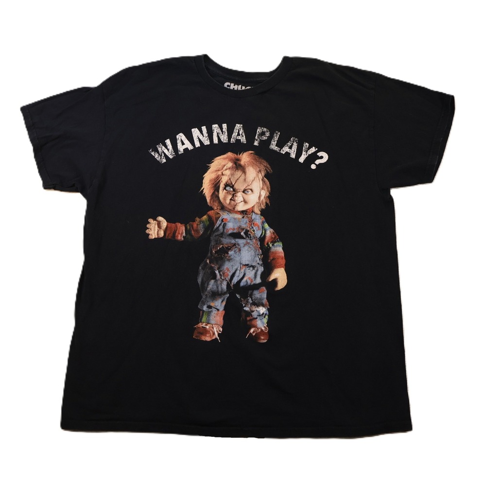 Chucky Mens XL T-Shirt Black Wanna Play Seed of Chucky Horror Movie Graphic Tee